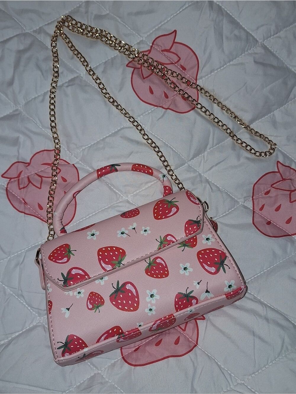 Pink Strawberry Print Mini Bag with Handle